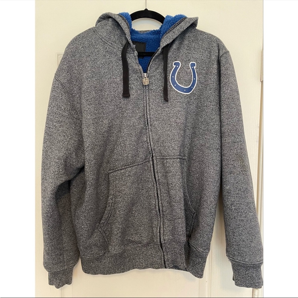 NFL Colts Pro Line Blue Sherpa Lining Gray Zip up Hoodie Jacket size Large